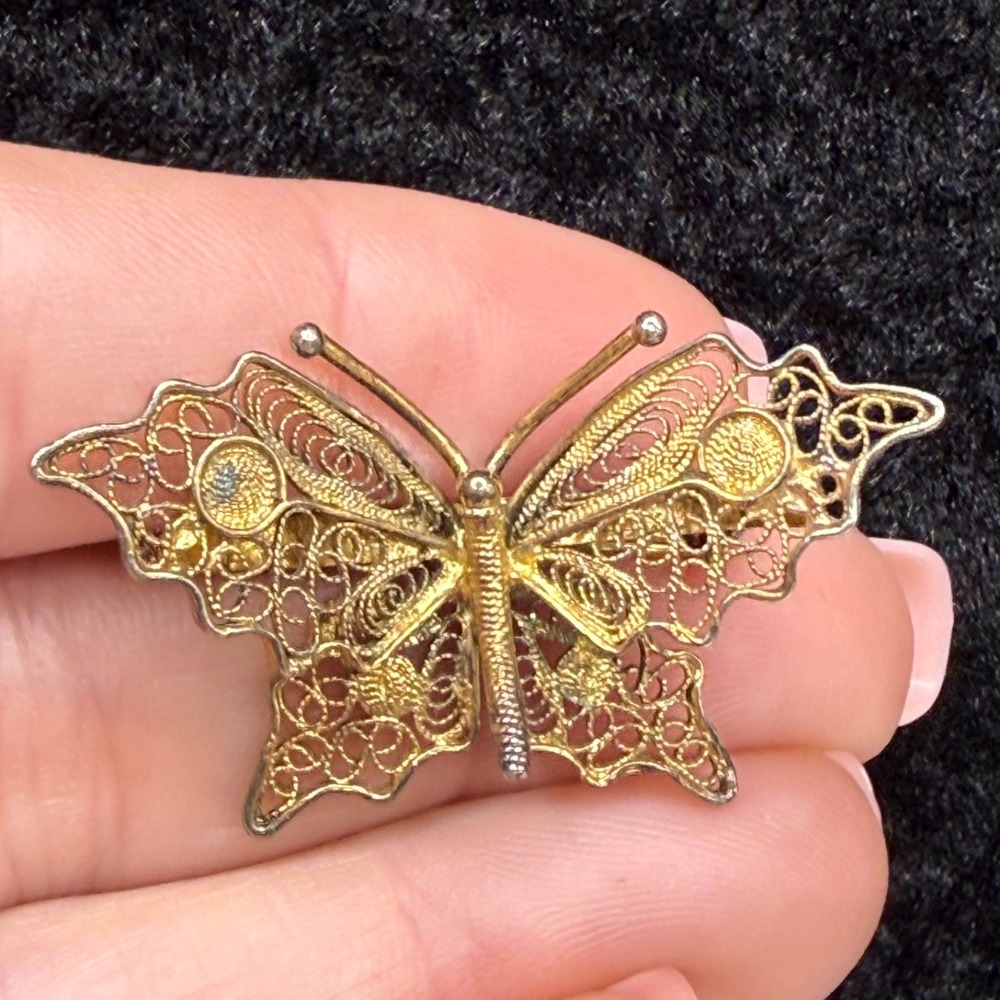 Vintage Estate Butterfly Brooch Silver Filigree Delicate Signed 800